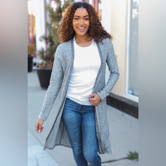 Spread Joy Grey Brushed Knit Crochet Button Down Duster Cardigan - Picture 1 of 16